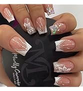 24Pcs French Tips Press on Nails Short Square Fake Nails Nude Pink Sequins Glue on Nails with Flo...