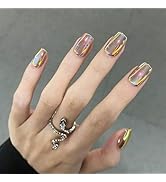 Square Press on Nails Short Gold Chrome Fake Nails Cat Eye Acrylic Nails Aurora Glue on Nails Glo...