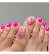 Hot Pink Press on Toenails Short Square Fake Toe Nails Cute Swirls False Toenails Glossy Full Cov...