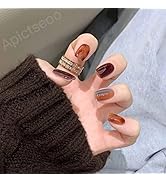 Apictseoo 24 Pcs Press on Nails Short False Nails Orange coffee French Designs Coffin Fake Nails ...