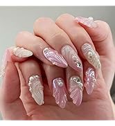 Almond Press on Nails Medium Fake Nails Pink Ombre False Nails with Designs 3D Shell Pearl Stick ...