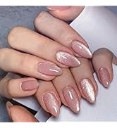 Press on Nails Medium Almond Fake Nails Cat Eye Glue on Nails Light Pink Acrylic Nails Solid Colo...
