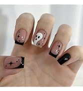 Square Press on Nails Halloween Short Fake Nails Ghost Glue on Nails Star Stick On Nails Black Fr...