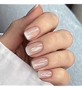 LPOODDNU French Tip Press on Nails Glossy Nude Pink Fake Nails Short Square Shape Glue on Nails G...