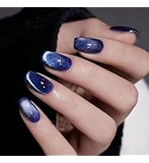 Blue Glitter Press on Nails Medium Square Fake Nails Blue Gradient Acrylic Nails Full Cover False...