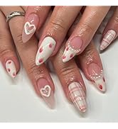LPOODDNU Press on Nails Medium Almond Pink Fake Nails Bling Glossy Heart Strawberry False Nail Ti...