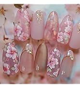 24Pcs French Tip Press on Nails Medium Almond Fake Nails with Pearl Diamond Spring Peach Blossom ...