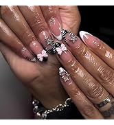24Pcs Press on Nails with Charms, Medium Almond Fake Nails French Tip Glue on Nails 3D Bow Star A...