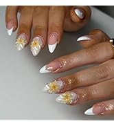 24 Pcs Pink Press on Nails Short Almond - SHANRUN White French Fake Nails Press ons Nail Art Tips...