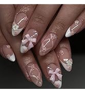 24 Pcs Pink Press on Nails Short Almond - SHANRUN White French Fake Nails Press ons Nail Art Tips...