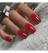 Red Nails Press ons, Press on Nails Medium Square Glue on Nails Medium Length Acrylic Nails Glue ...