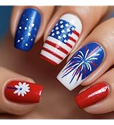 24Pcs 4th of July Press on Nails Medium Square Nails Independence Day Fake Nails with Fireworks D...
