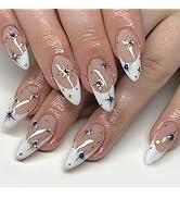 24Pcs White French Tip Press on Nails Medium Almond Fake Nails Press on Star False Nails with Rhi...
