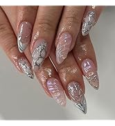 24 Pcs Almond Press on Nails Medium Fake Nails Nude Full Cover Stick on Nails with Silvery Glitte...