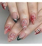 Christmas Press on Nails Medium Almond Fake Nails Nude False Nails with Designs Cane Bow Glossy G...