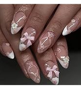 White French Fake Nails Medium Press on Nails Almond 3D Flowers Bow Pearl Acrylic Nails Light Pin...