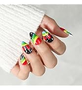 Neon Press On Nails Short Almond, SHOWMORE Rainbow Fake Nails Medium Colorful Glue On Nails Summe...