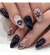 Christmas Press on Nails Medium Almond Fake Nails Black Glitter False Nails with Designs Snowflak...
