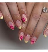 Extra Short Press on Nails Almond Fake Nails Yellow French Acrylic Nails Flowers Translucent Nail...