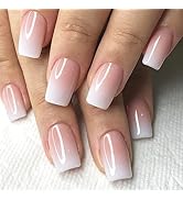 French Tip Press On Nails Short, SHOWMORE Baby Pink White Ombré Acrylic Fake Nails Medium Square ...
