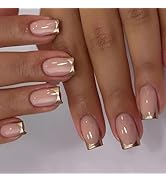 24 Pcs Nude Pink Press on Nails Short Square - SHANRUN Gold French Cute Fake Nails Press ons Nail...