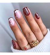 French Tip Press on Nails Christmas Square Fake Nails Red Glitter False Nails Santa Hat with Desi...