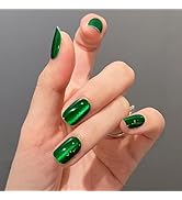 Green Cat Eyes Press on Nails Short Square Fake Nails Jelly Gel Nails Kit Dark Green Glitter Magn...
