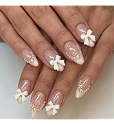 24Pcs Almond Press on Nails French Tips Short Fake Nails with Cute Bow Charms Design French Press...
