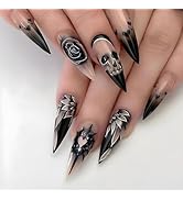 Halloween Press on Nails Almond Stiletto Fake Nails French Gradient Black False Nails with Design...