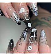 Halloween Press on Nails Stiletto Fake Nails Gothic False Nails with Ghost Flame Star Spider Glue...