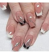 24Pcs Press on Nails Medium Square French Tip Fake Nails,Full Cover Glossy False Nails with Gold ...