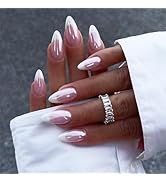 French Tip Press on Nails Medium Almond Fake Nails Nude False Nails with Designs Chrome White Nai...