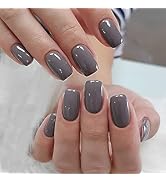 Square Press on Nails Short Fake Nails Grey Color Acrylic Nails with Solid Color Design Full Cove...