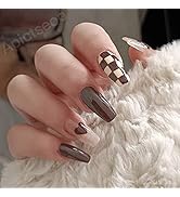 Apictseoo 24 Pcs Press on Nails Medium Long False Nails Coffee Plaid French Designs Coffin Fake N...