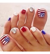 24pcs 4th of July Press on Toenails Short Square American Flag Fake Toe Nails Glue on Nails Red B...