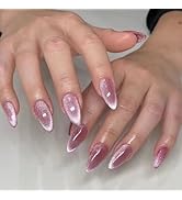 Pink Cat Eye Press on Nails, Acrylic Medium Length Fake Nails Press ons Artificial Full Cover Alm...
