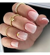 24pcs French Press on Nails Short Square Pink White Gradient Fake Nails with Charms Designs Gloss...
