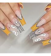 Halloween Press on Nails Long Coffin Fake Nails Yellow French tip False Nails with Design Spider ...