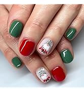 24Pcs Christmas Press on Nails Short Round Fake Nails Red Green Winter Xmas False Nails with Sant...