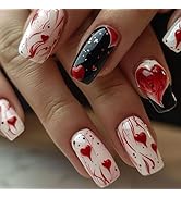 Valentine Press on Nails Heart Fake Nails with Designs Medium Length Glue on Nails Glossy Valenti...
