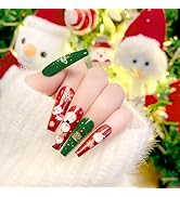 Christmas/Xmas Press on Nails Long Coffin Shape Fake Nails Red And Green Match False Nails with S...
