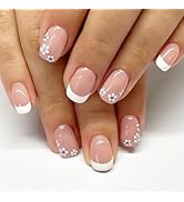 Tyuimhx White French Tip Press on Nails Short Square Fake Nails White Flowers False Nails Glossy ...