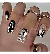 Press on Nails Square French Tip Fake Nails,Full Cover False Nails Medium Length Black Glue on Na...