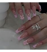 24Pcs Pink French Tip Press on Nails Long Coffin Nails Nude Fake Nails with Charms Bow False Nail...