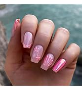 Summer Press on Nails Medium Square Fake Nails with Designs Pink Starfish Seashell False Nails Gl...