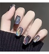 Black Cat Eye Press on Nails Short Square Fake Nails Glossy Glitter False Nails with Designs Shin...