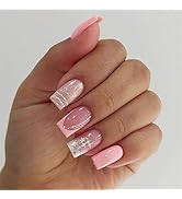 Medium Square Pink French Tips Press on Nails Silver Stars False Nails Curve Line Acrylic Fake Na...