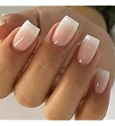 24 Pcs Ombre Press On Nails - Short Square Acrylic Nails, Full Cover, Gradient Pink White, French...