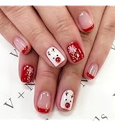 Christmas Press on Nails Short Square Fake Nails Red French TipFalse Nails Cute Elk Snowflake Ful...