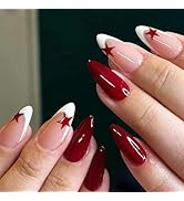 24Pcs White French Tips Medium Almond Press on Nails with Red Five-pointed Star Design, Glossy Fa...